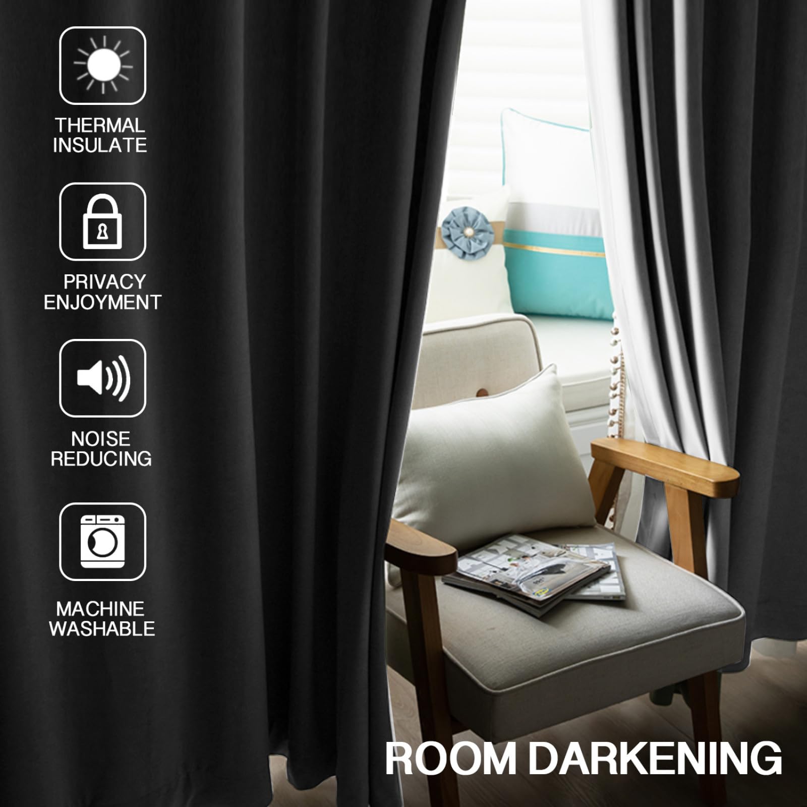 Always4u Coppia Di Tende In Velluto, 90 X 90 Cm, Con Occhielli, Isolati Termici, 2 Pannelli Per Camera Da Letto (verde Acqua, 90 X 90 - Foto 5