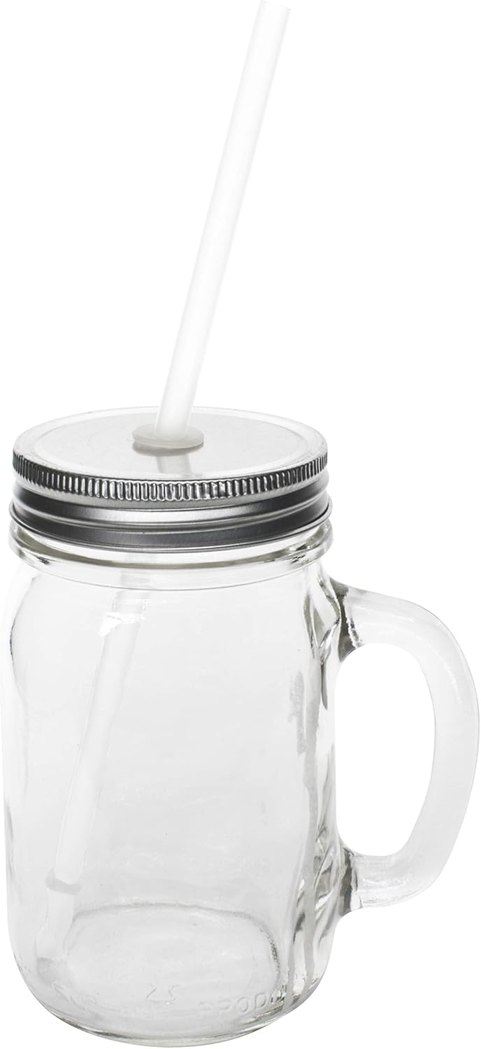 Sunshine Mason Co. Glass Mason Jar Drinking Mug set with handle, Silver lids and White Straws, Set of 6