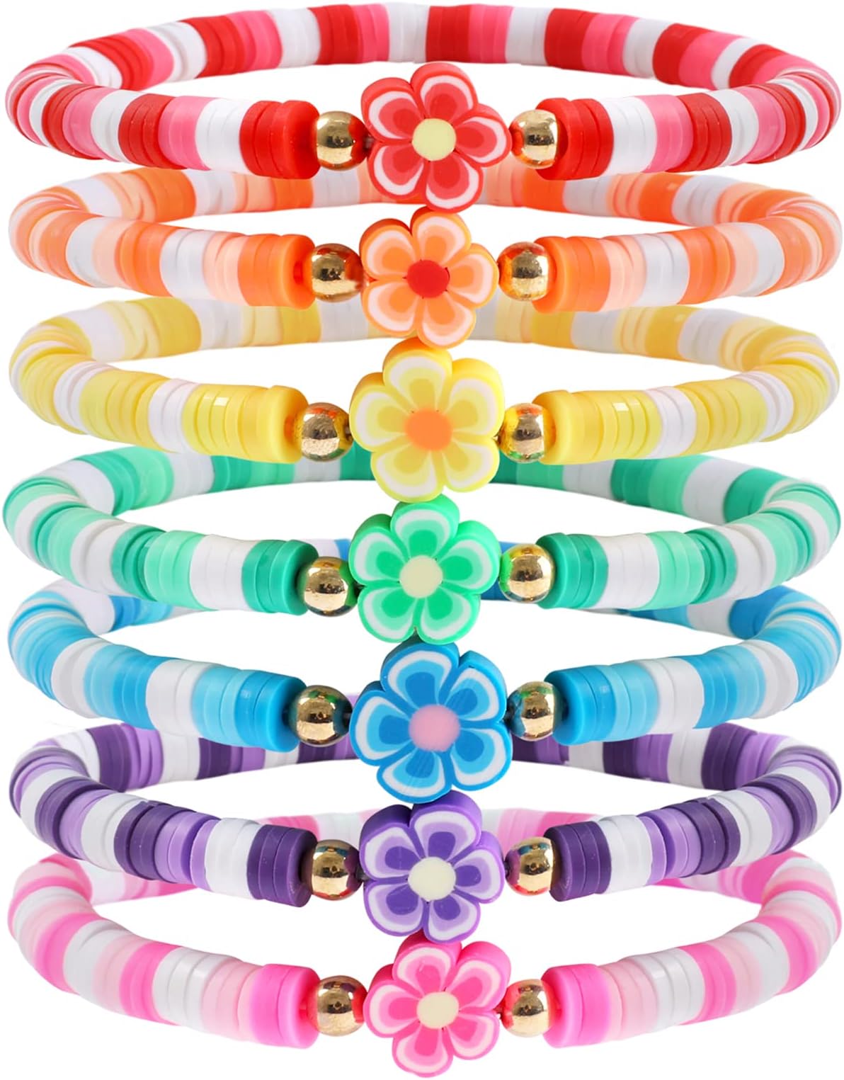 Rainbow Heishi Surfer Bracelets Set for Women Stackable Clay Beaded Bracelets Disc Stretch Preppy Bracelets Layering Colorful Friendship Bracelets Team Cheer Bulk Boho Summer Beach Jewelry Gift