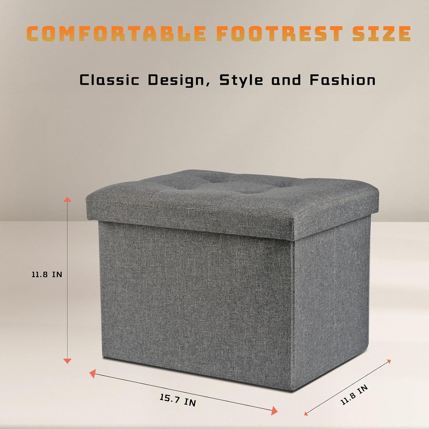NIENIE Linen Folding Storage Ottoman Coffee Table Small Foot Stool for Living Room, Bedroom, 15.7"X11.8"X11.8", Grey - Image 2