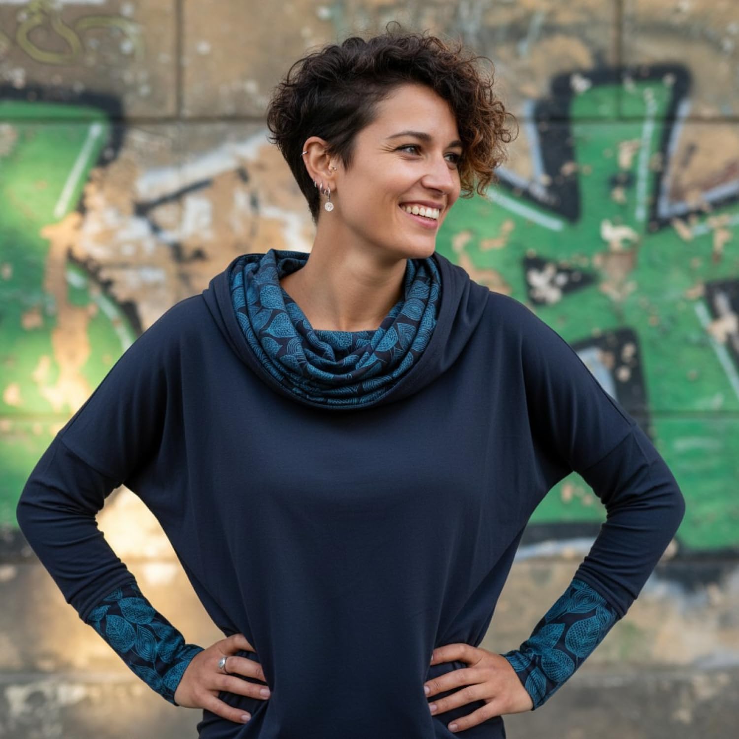 GURU SHOP Camiseta larga holgada de algodón orgánico, camiseta bohemia con capucha para mujer, azul oscuro, 40