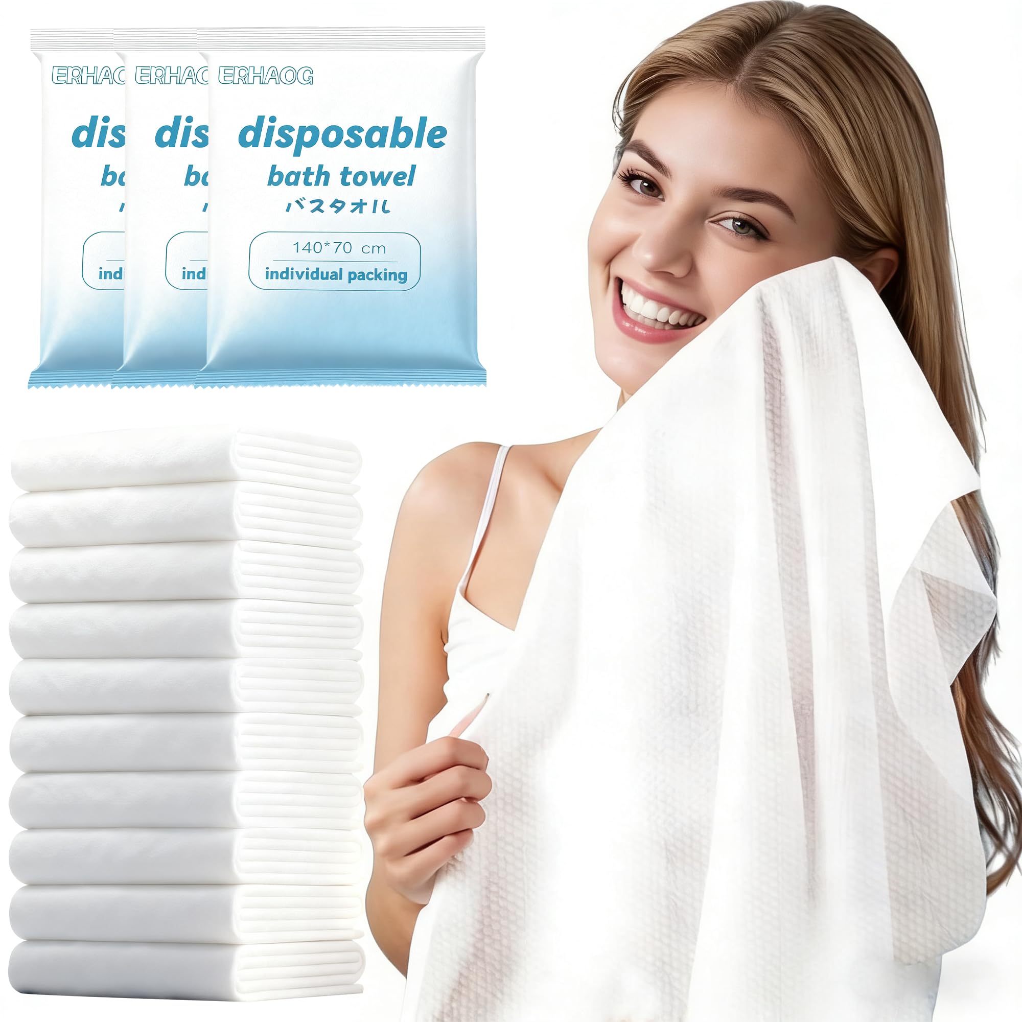 ERHAOG Disposable Bath Towels, 10 Pcs Large Travel Towel 140 * 70 cm, Compressed Portable Washcloths for Beach, Shower, Hiking, Swim, Hotel, Camping - Travel Essentials