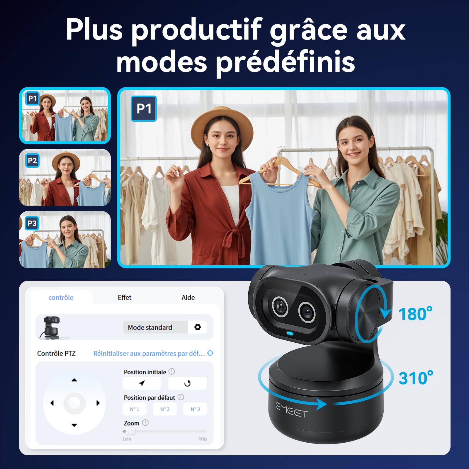 eMeet Caméra PTZ PIXY Double Caméra 4K Alimentée par IA, Suivi IA, Mise au Point Rapide de 0,2 s, avec Capteur Sony, 3 Microphones, Webcam 4K pour Le Streaming et Compatible avec OBS/Twitch/Switch 2