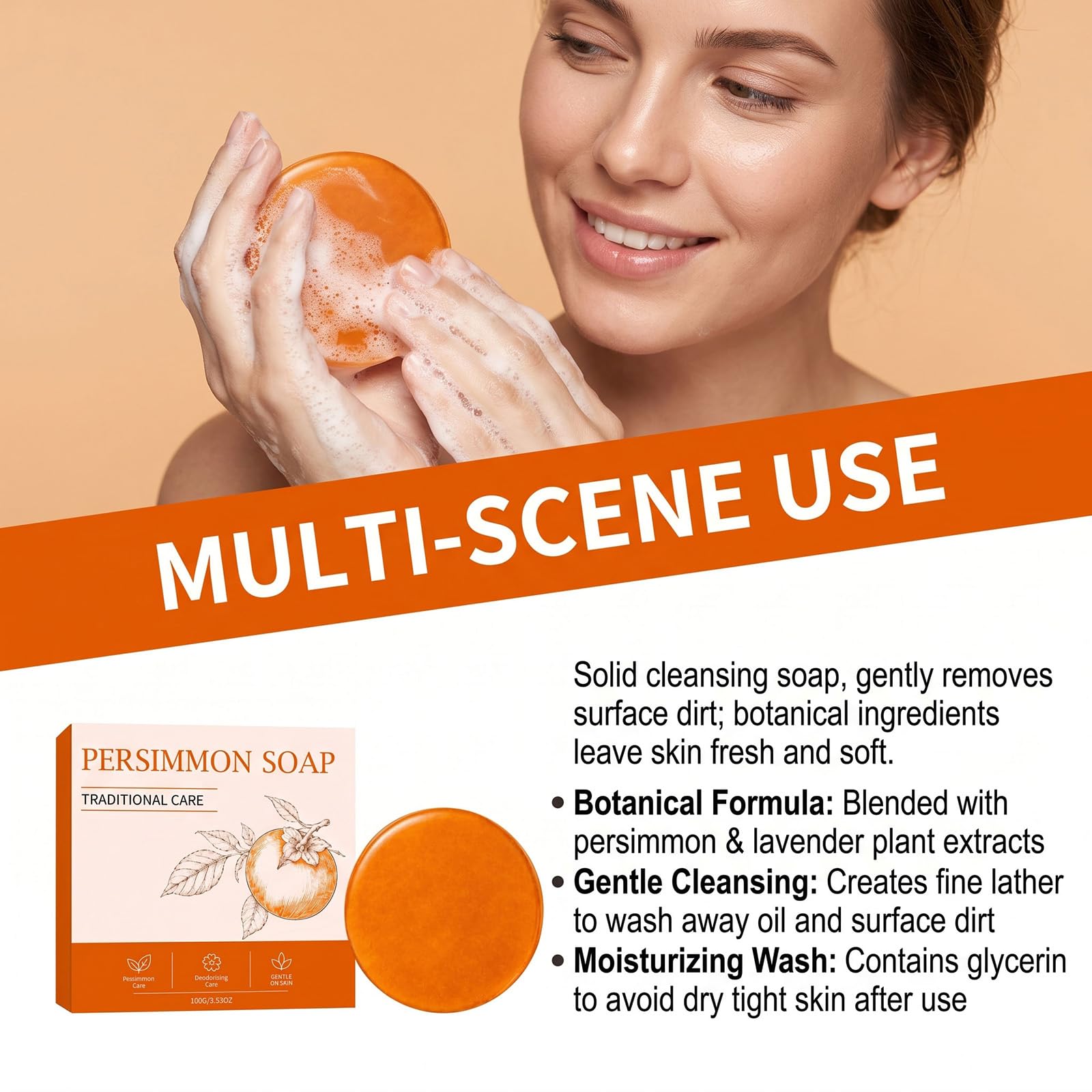Saponetta al cachi per remove e gli odori corporei, sapone da bagno detergente e idratante, deodorante e antiodore con estratto di cachi e lavanda, sapone da bagno detergente quotidiano (6pcs)