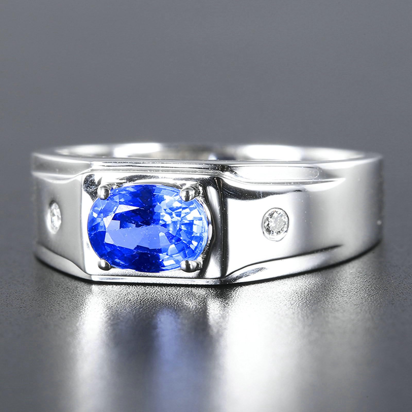 Pierścionki męskie ze srebra wysokiej próby 925, prosty owalny niebieski szafir 1,33 ct. Pierścionek ślubny i moissanit pierścionek dla chłopaka, pana młodego srebrny