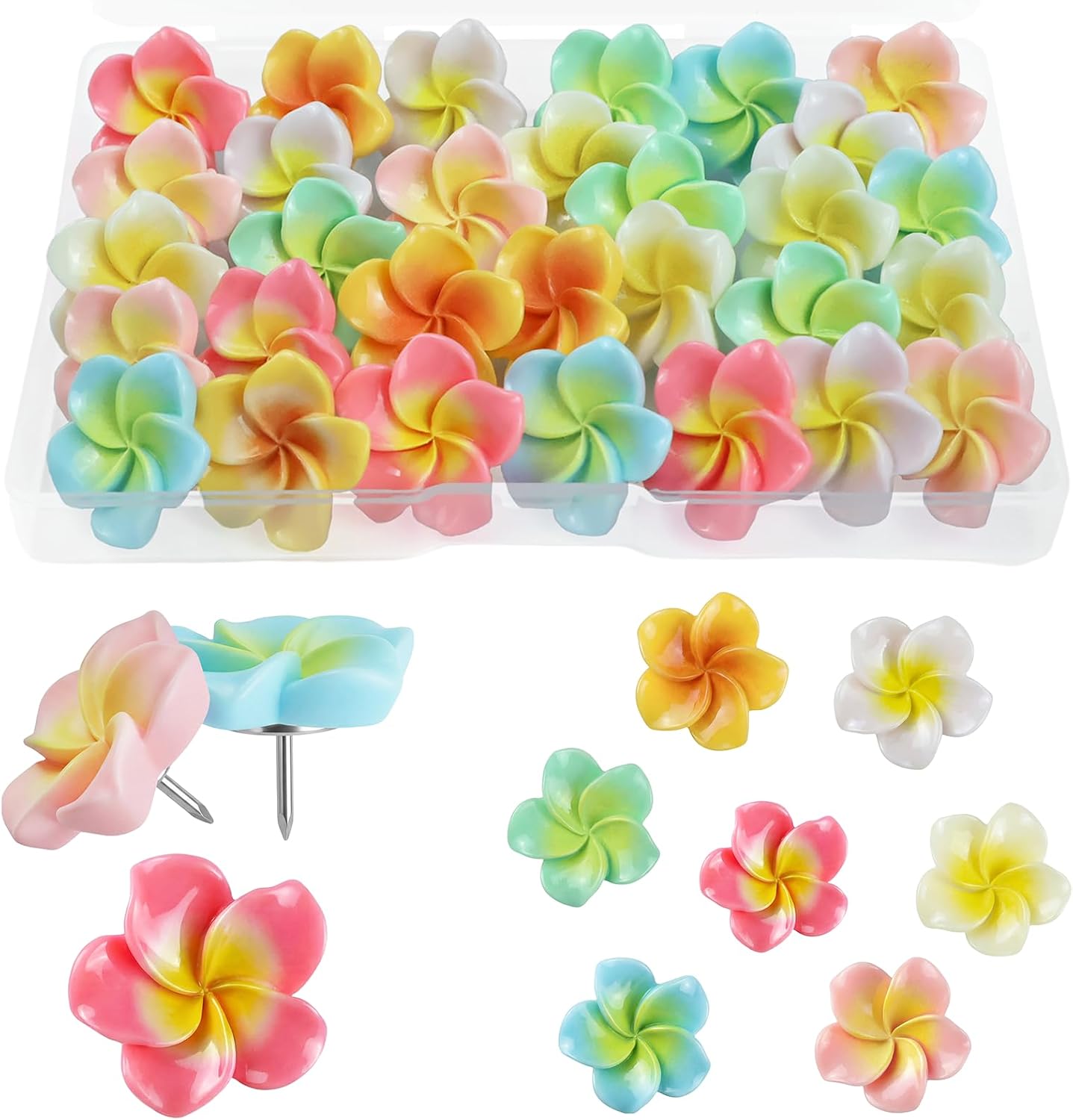 30pcs Flower Cabochons Flatback Plumeria Flower Push Pins in 7 Colors Cute Office Decor for Women Cork Board Bulletin Board, Photos Wall Maps and Other Offices Schools Supplies Christmas Decoration