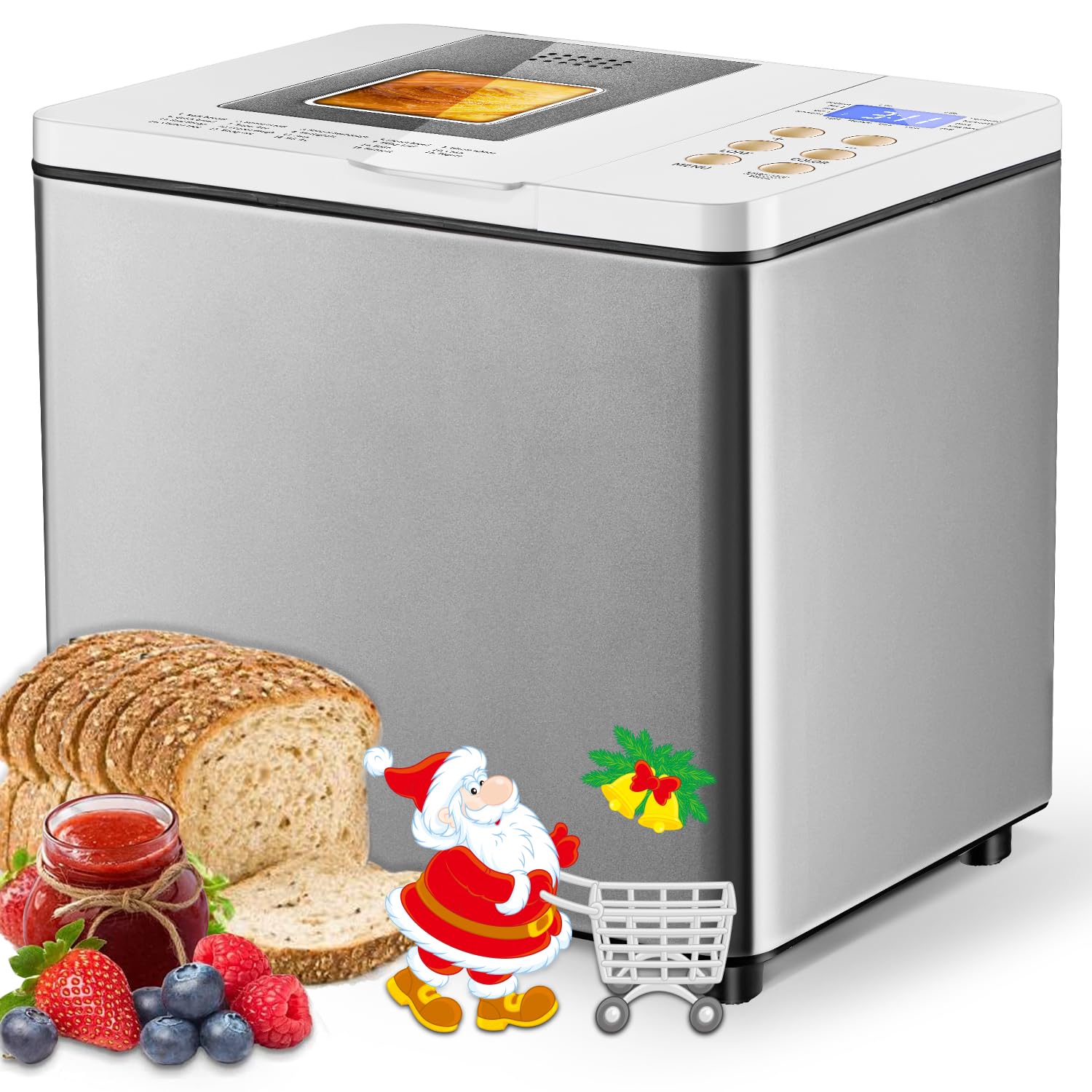 KEEPEEZBread Machine Dual-Heaters, 19-in-1 Horizontal Bread Maker, Gluten Free, Sourdough, Pizza Dough, Jam, Stir-Fry Setting, Stainless Steel, 2LB Loaf, 3 Crust Colors, Nonstick Pan, Auto Keep Warm