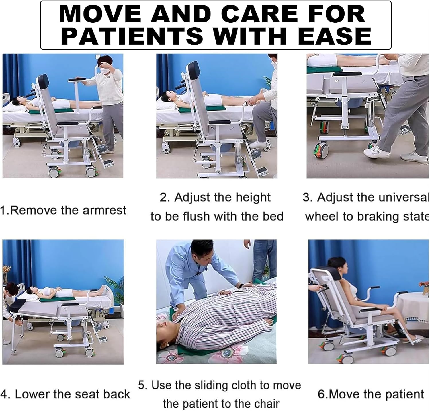 Generic Household Flat Patient Transfer Chair, Paralyzed Patient Lift, 180° Lying Flat Lift Transfer Chair, Waterproof Soft Seat Mute Universal Wheel,Suitable for Patients with General Paralysis