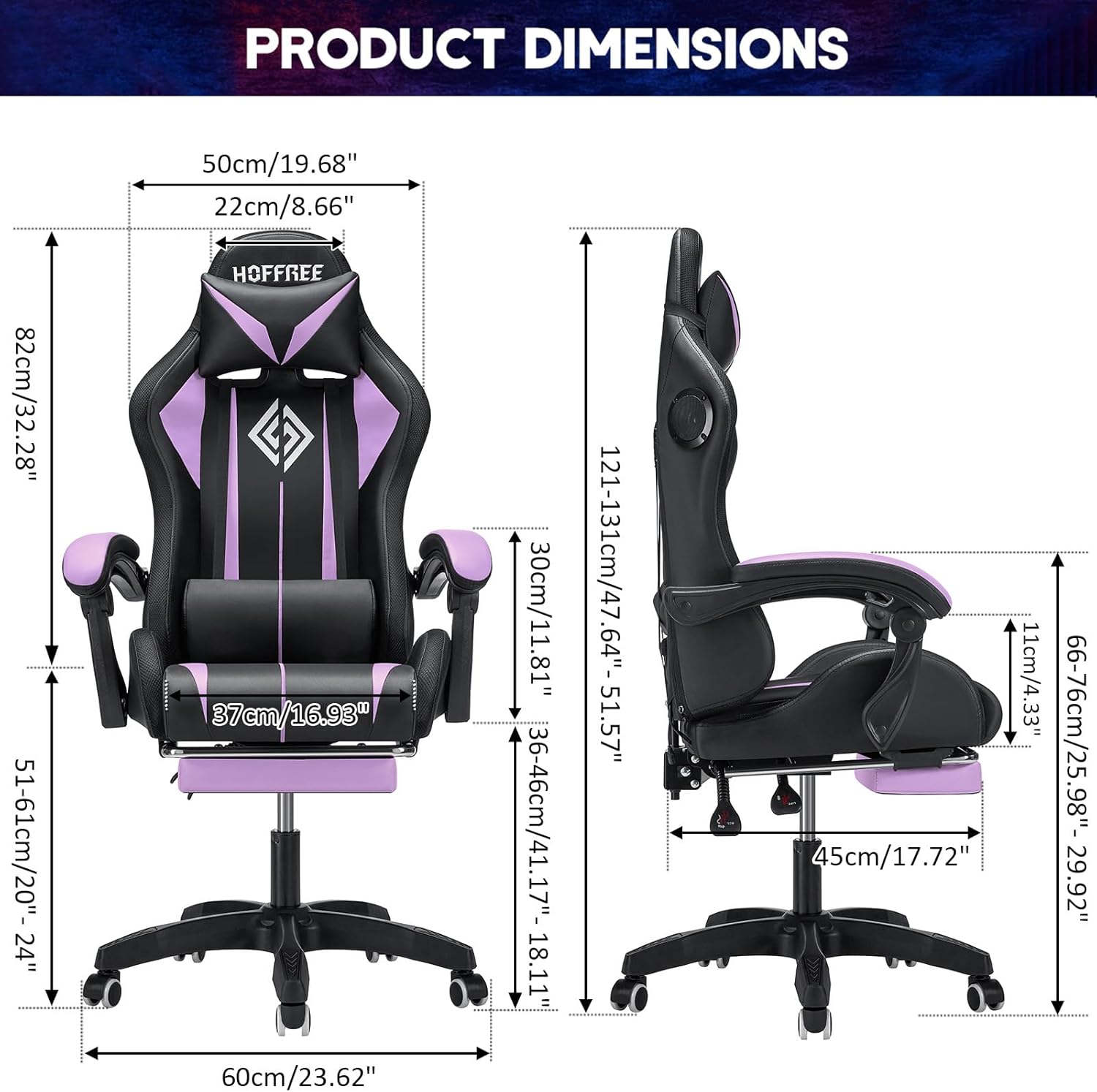 Detailed product dimensions of the HOFFREE gaming chair, showing height, width, and depth measurements in both inches and centimeters.