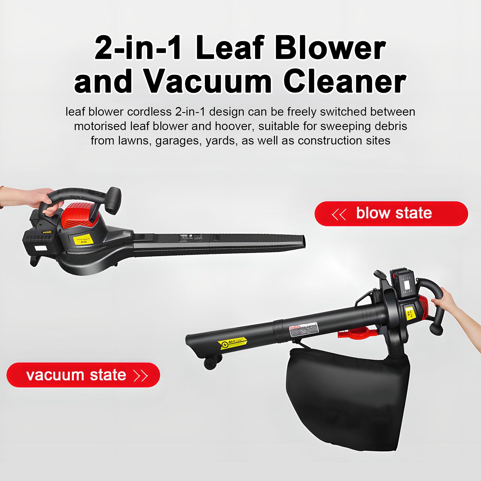Soplador de hojas inalámbrico, soplador y aspirador de hojas 2 en 1 para jardín con 6 velocidades, recolector de hojas a batería de 40 V con bolsa recolectora, para césped, patio, garaje, terraza y