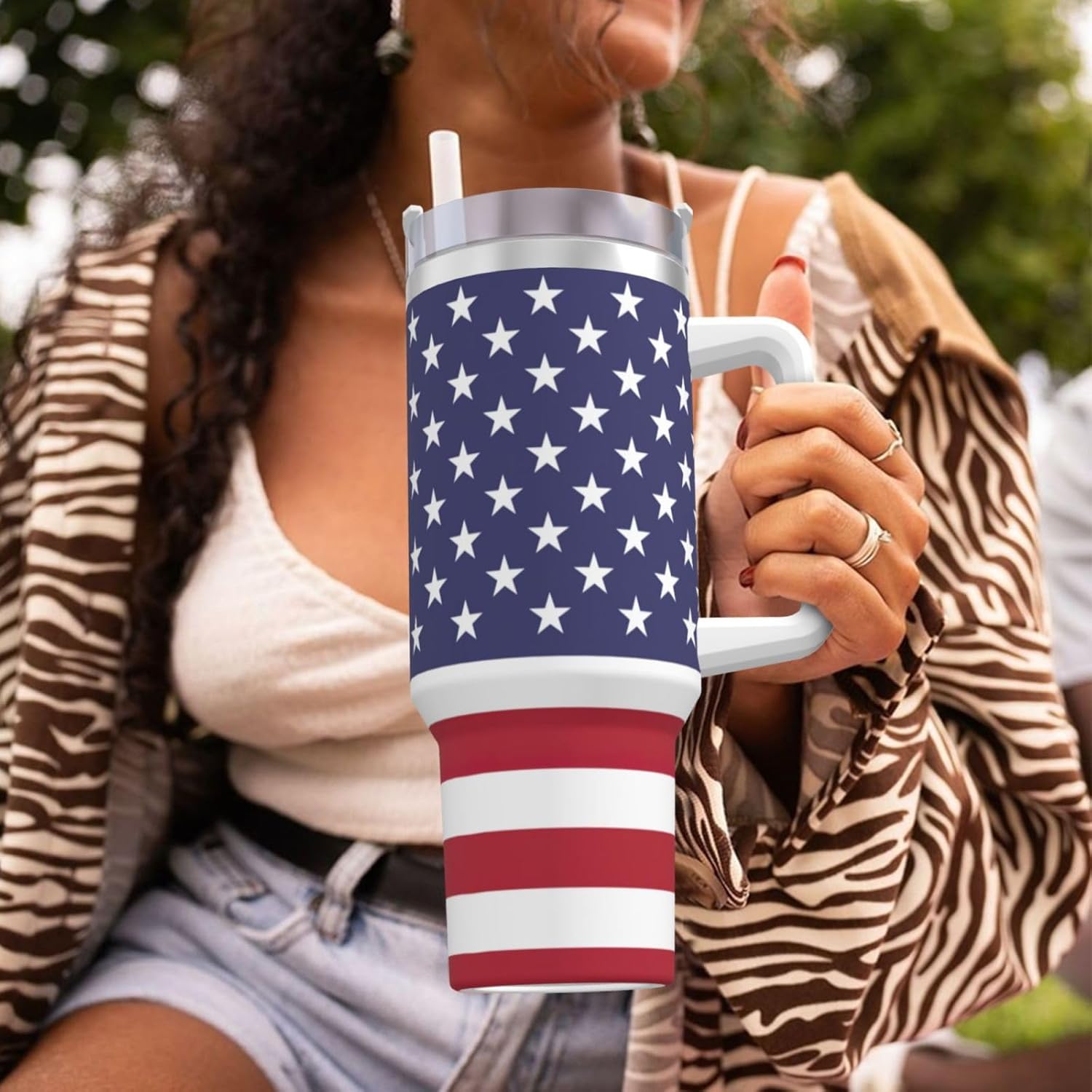 40 OZ American flag Print Ice Bully Cup with Handle Straw Lid Straw,Stainless Steel Tumbler Coffee Cup