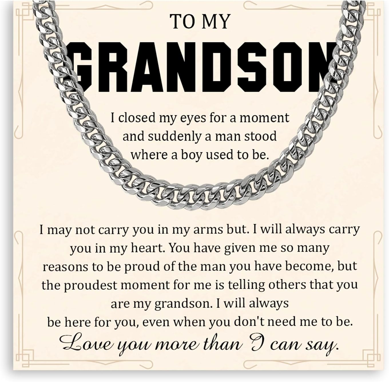 To My Grandson Necklace, Cuban Chain For Grandsons, Grandson Gift From Grandmother For Christmas Birthday Graduation, Cuban Chain Necklace With Message Card And Gift Box
