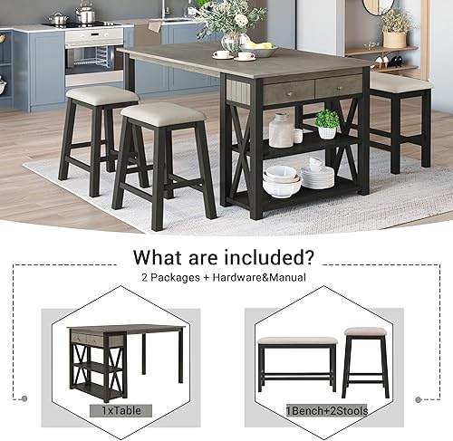 Miniatura 2 de ClassHouze Isla de cocina con asiento juego de mesa de comedor de madera rústica de 4 piezas con estantes de almacenamiento y cajón juego de mesa de
