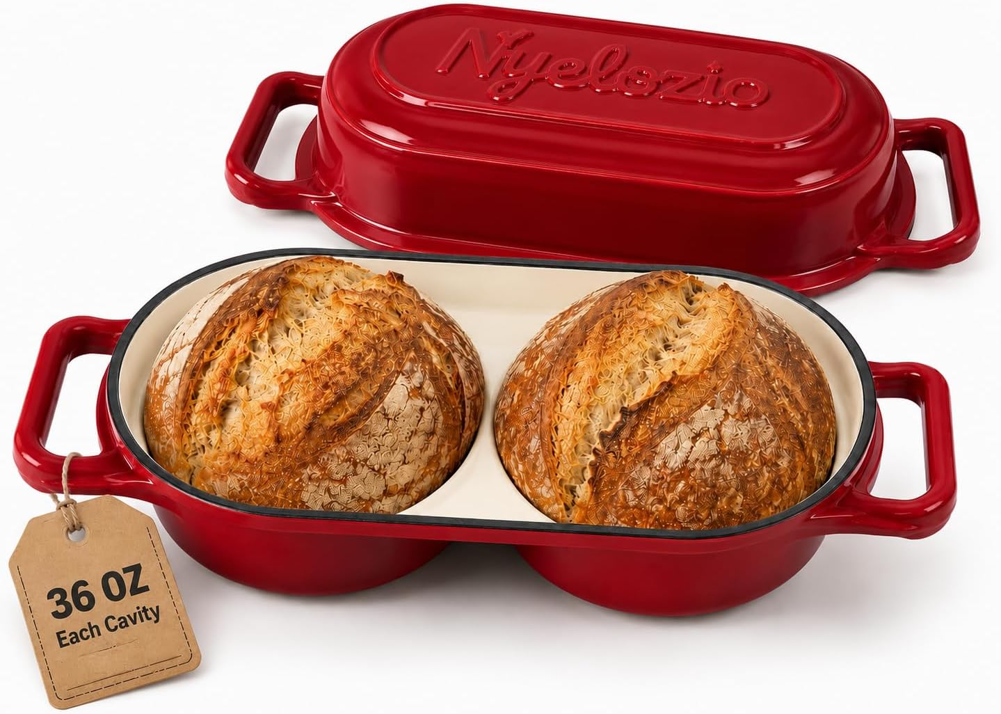 Double Dutch Oven for Sourdough Bread Baking – Enameled Cast Iron Bread Loaf Pan for 2 Loaves – 500°F Oven Safe Non-Stick Bread Pot with Lid – Dual Baking Capacity (Pink)