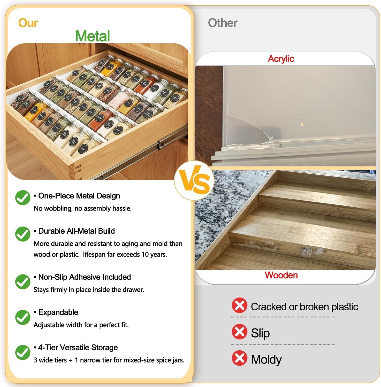 GOENDR Spice Drawer Organizer, 4-Tier Metal Spice Rack for Drawer, Expandable Seasoning Organizer Fits 11.4-22.8” Wide Drawer, Holds up to 48 Spice Jars (Not Included), White