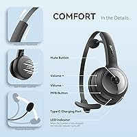Vista 6 de LEVN Auriculares Bluetooth, auriculares inalámbricos con micrófono y botón de silencio, 60 horas de tiempo de conversación, auriculares