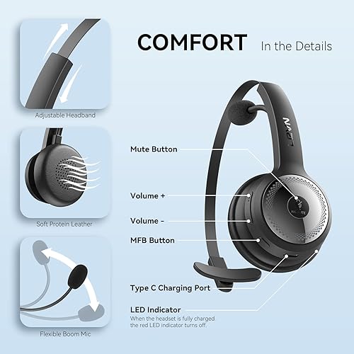 Miniatura 6 de LEVN Auriculares Bluetooth, auriculares inalámbricos con micrófono y botón de silencio, 60 horas de tiempo de conversación, auriculares con