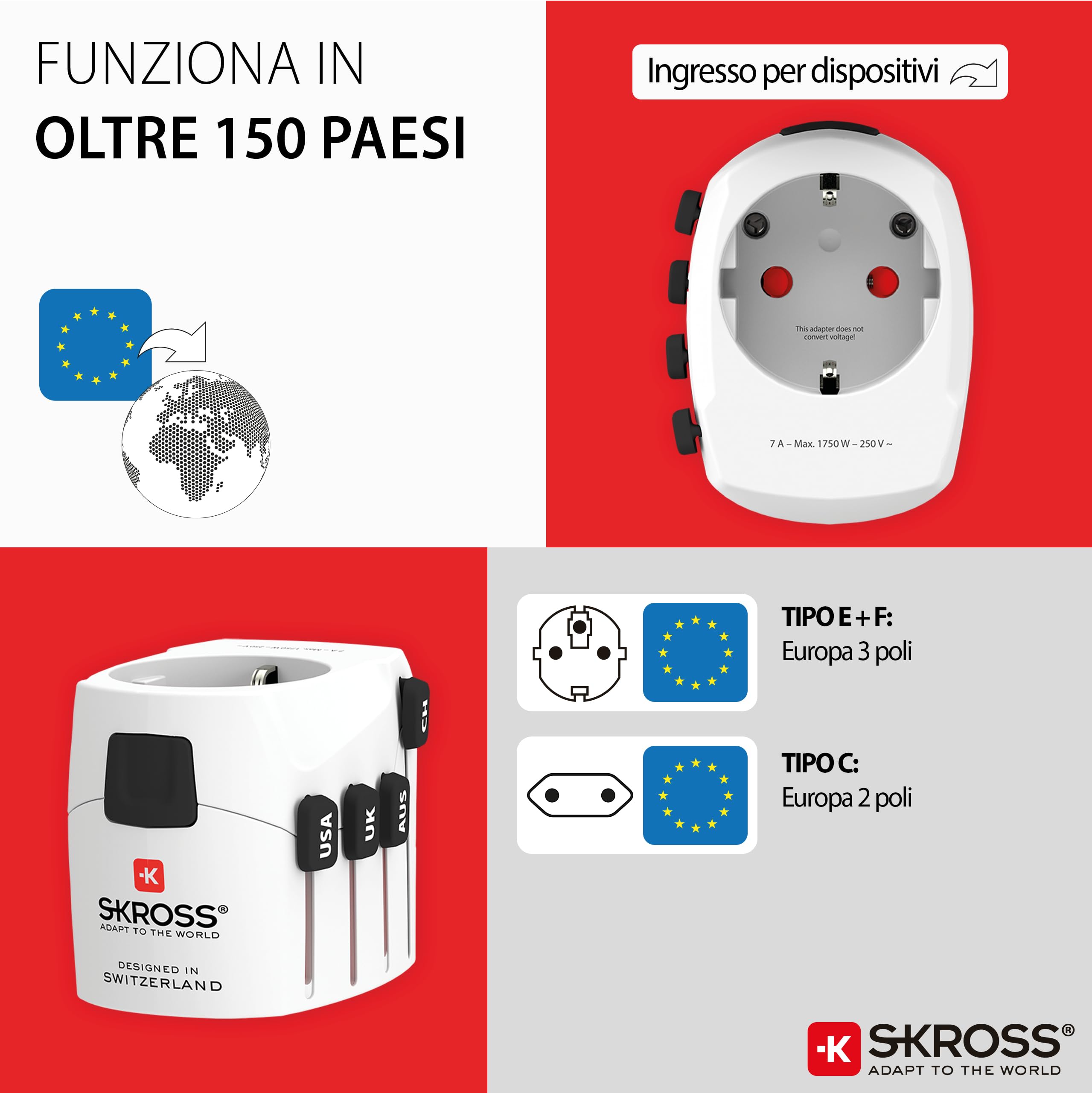SKROSS | 1.103145 | PRO Light | Adattatore Universale da Viaggio a 2 e 3 Poli per Schuko. Tensione e Potenza nominale: 100V – 630W / 250V – 1575W - Adatto a PC e Asciugacapelli. Protezione Anti Scossa