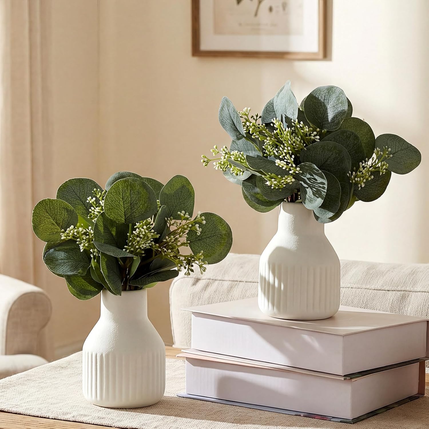 LemonRoad 2 Pack Artificial Eucalyptus Stem in Small Ceramic Vase 13" Fake Greenery Plants for Home Decor 20 Pcs Modern Indoor Fake Eucalyptus Stem for Table Centerpiece Living Room Bathroom