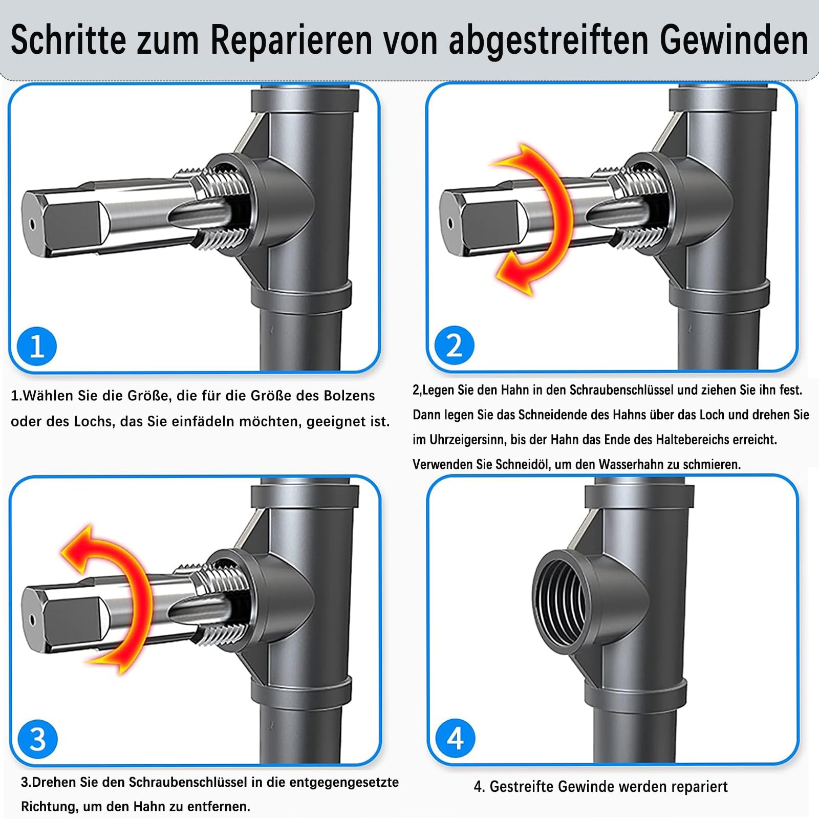 5 teiliges NPT-Rohrgewindebohrer-Set, NPT-Gewindebohrer-Set für PVC-Rohre,1/8", 1/4", 3/8", 1/2" und 3/4" Gewindeformer aus Kohlenstoffstahl,Stahlbohrer Zum Reinigen von Beschädigten