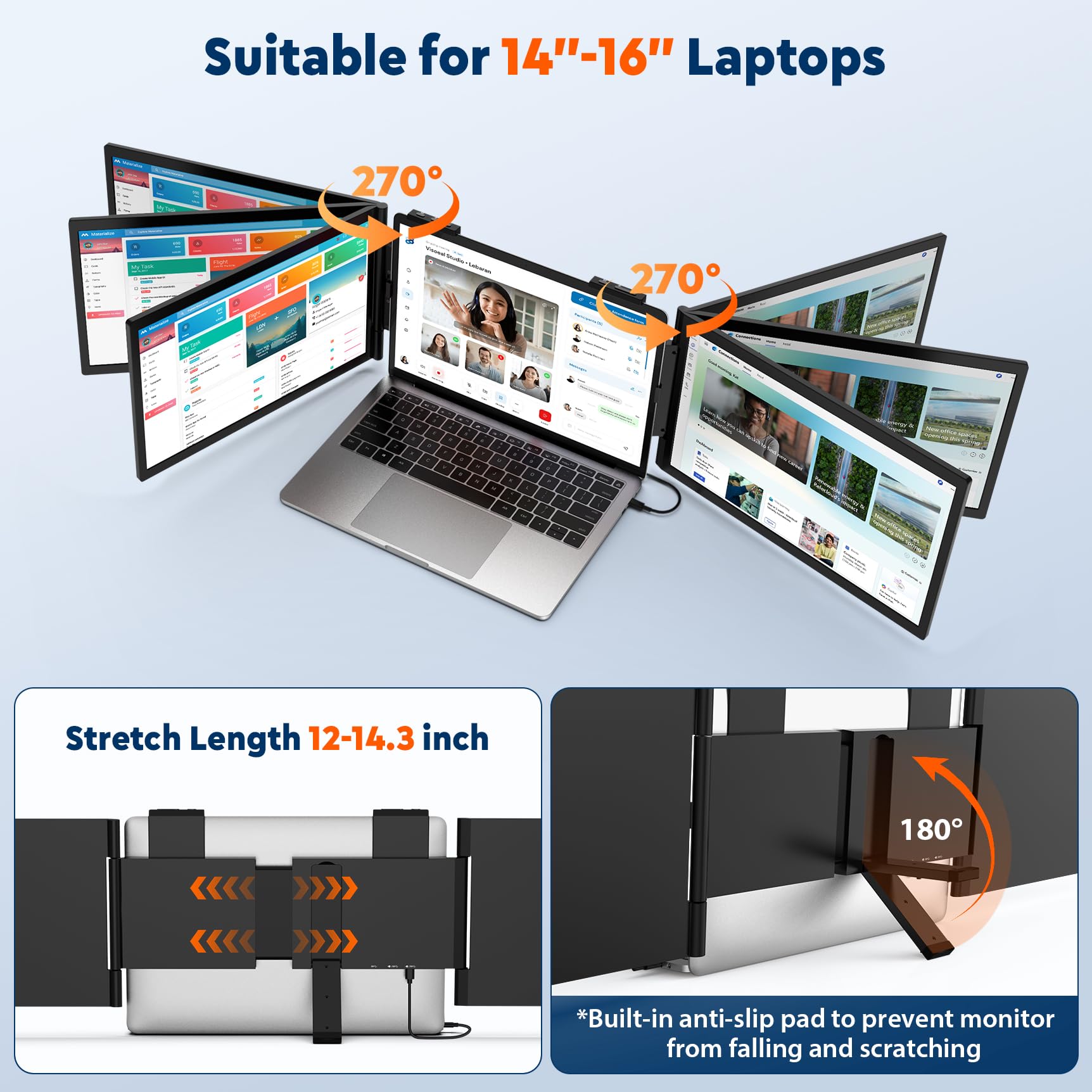 MAGICRAVEN Double Écran PC Portable, 14" Moniteur Portable 1080P IPS Écran Pivotant à 270°, Moniteur pour Ordinateur Portable 14" à 16", Deuxième Ecran Portatif USB C pour Windows//Chrome/Jeux