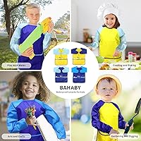 Vista 7 de Paquete de 4 delantales de pintura artística para niños con manga larga y 3 bolsillos para niños de 3 a 8 años, Azul y Amarillo