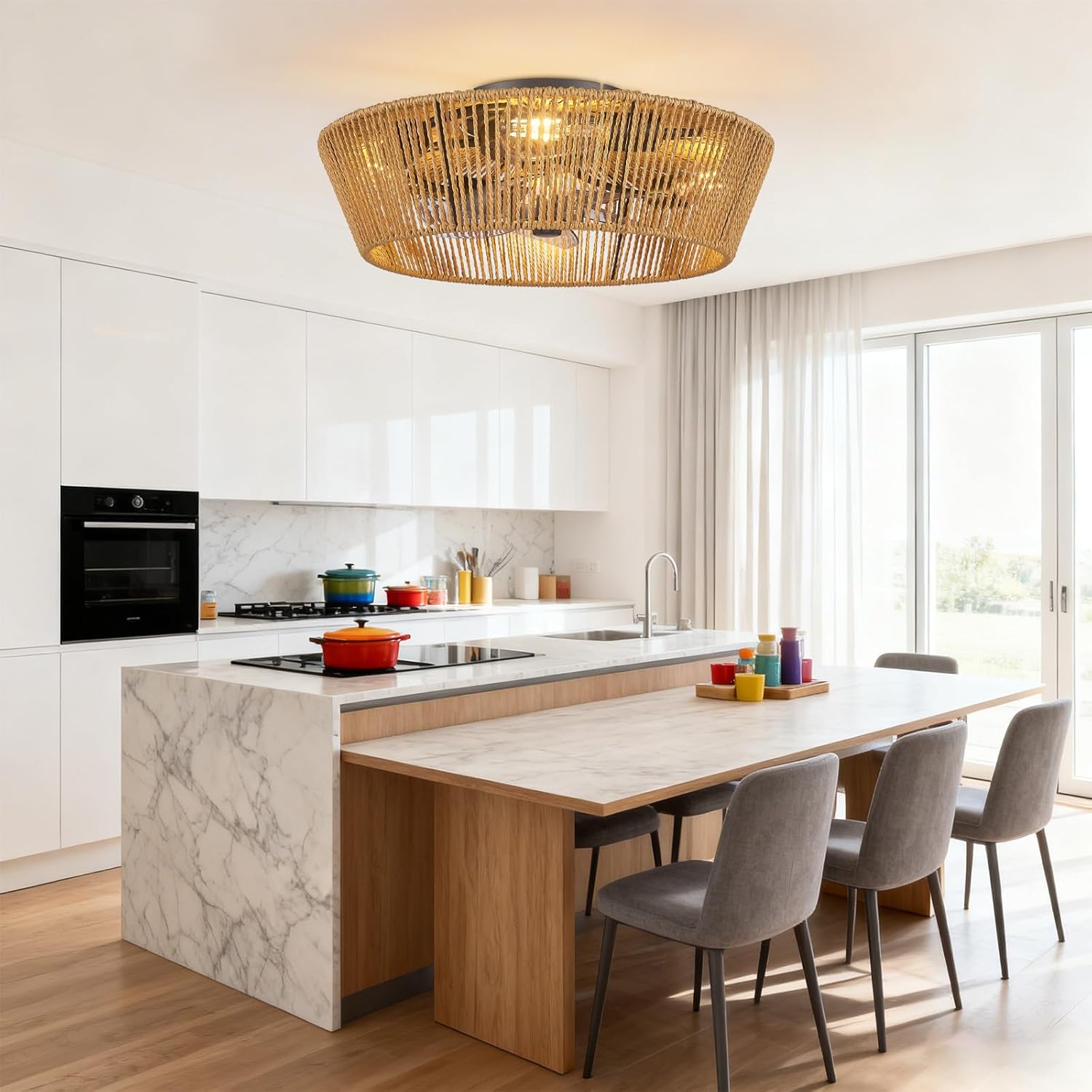 20” Woven Caged Ceiling Fans with Lights and Remote, Rattan Low Profile Bladeless Ceiling Fan with Light,Farmhouse Flush Mount Boho Ceiling Fan Enclosed 6 Speeds for Bedroom,Kitchen,Indoor