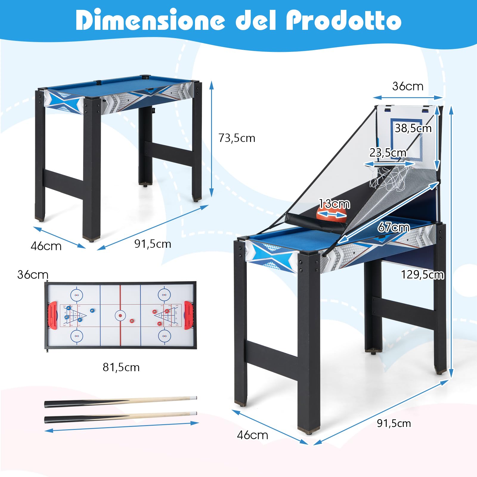RELAX4LIFE Tavolo da Gioco 6 in 1, Set di Tavolo da Gioco Combo con Basket, Biliardo, Ping Pong, Hockey, Shuffleboard, Bowling per Casa, Stanza dei Giochi, Feste, Serate in Famiglia