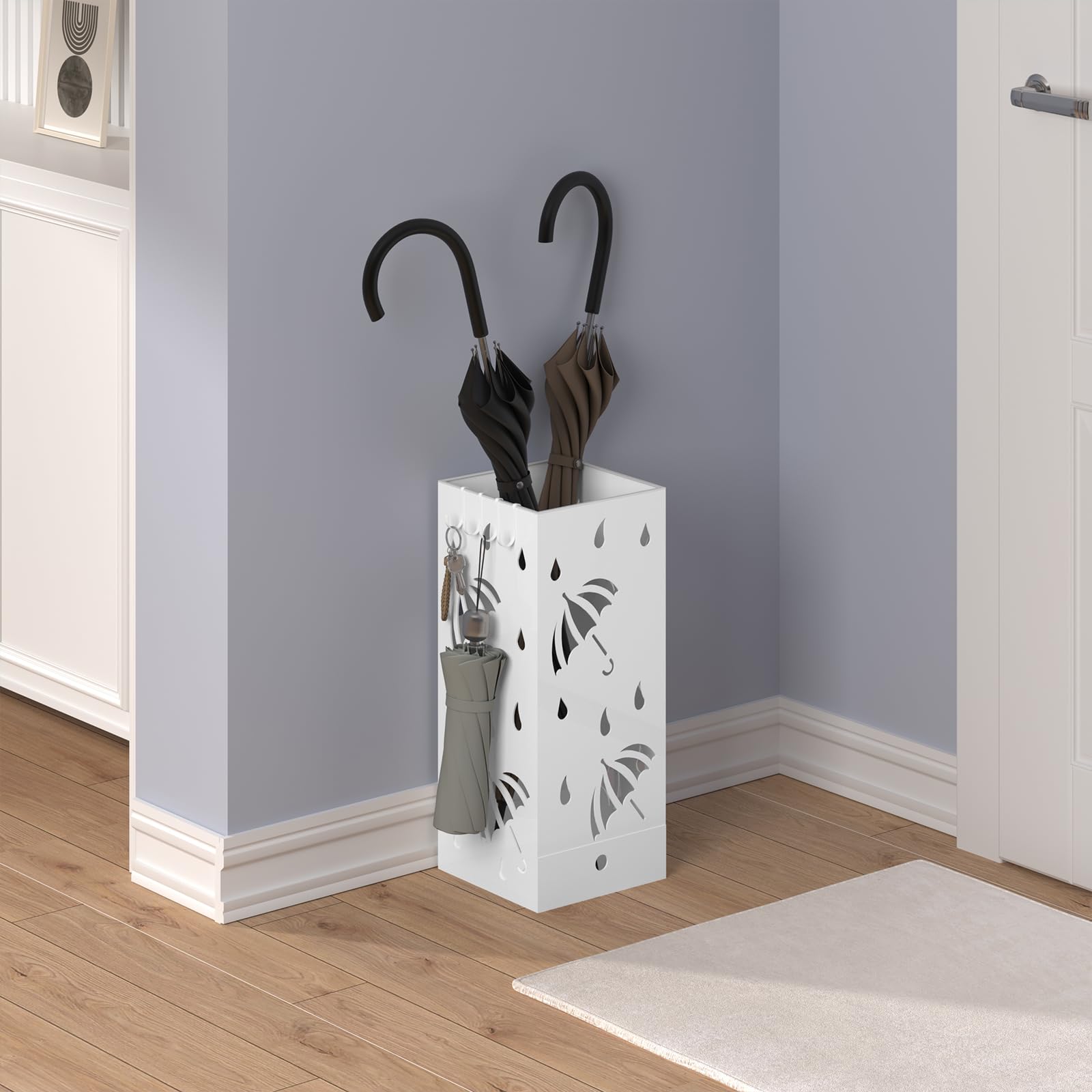 Laneetal Paragüero de Metal, Soporte de Paraguas, Paragüero con 4 Ganchos y Bandeja de Goteo, Cubo Cuadrado para Paraguas con Agujeros de Dibujo, Blanco, 20x20x49cm