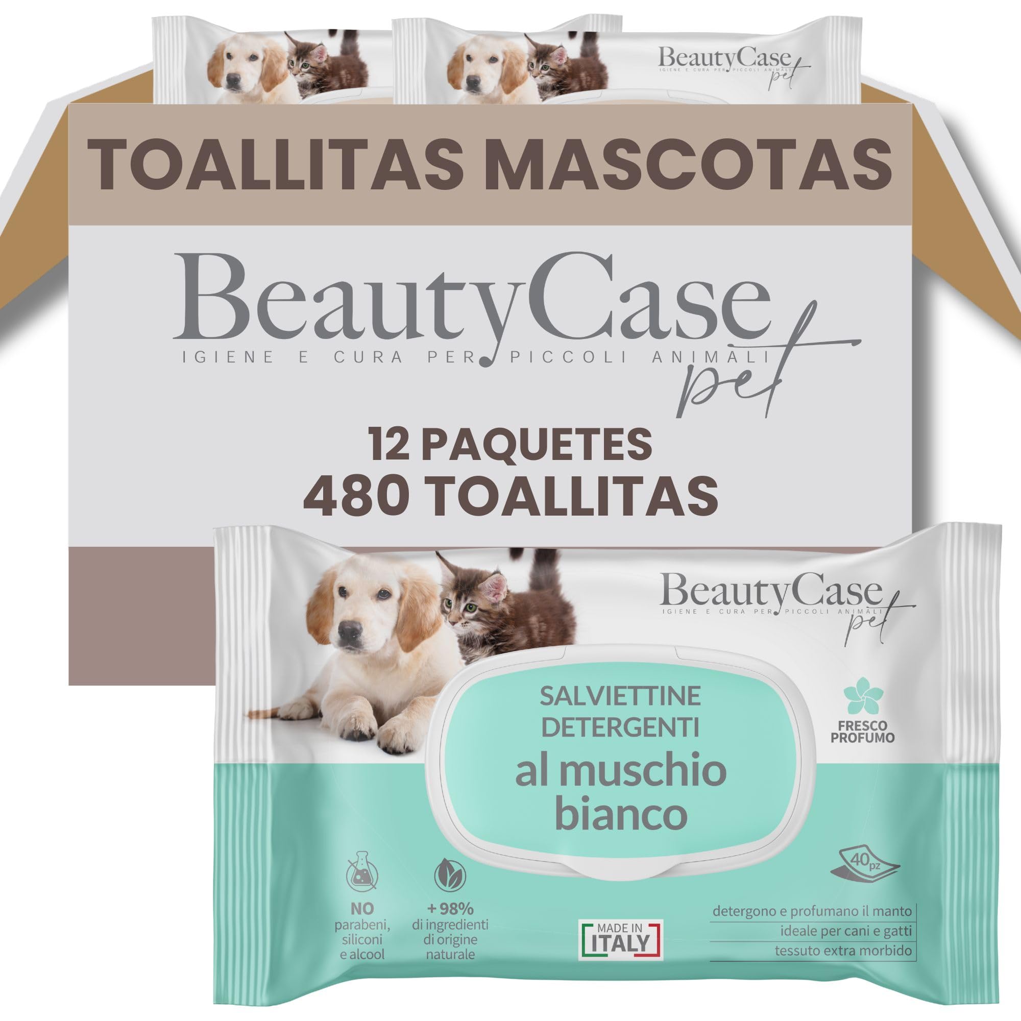 Beauty Case Toallitas para Mascotas 480 uds (12x40) - Toallitas Higiene Perro y Gato Extra Suaves, Hipoalergénicas, Desodorizantes y Sin Enjuague - Aroma Almizcle Blanco