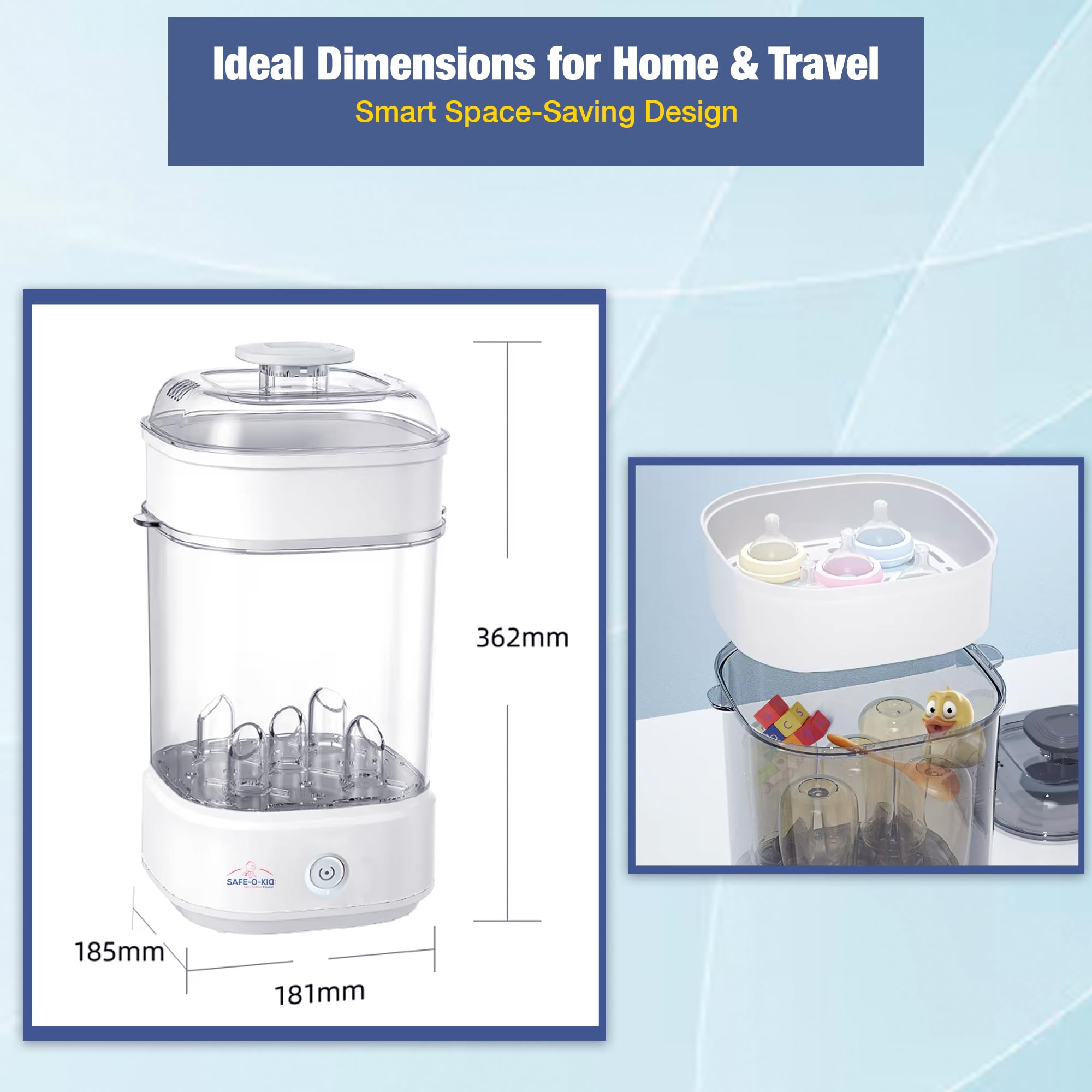 Safe-O-Kid® 5-Bottle Advanced Steam Sterilizer with Bottle Cleaning Set | Large Capacity, Auto Shut-Off, BPA-Free | Sterilizes Bottles, Accessories, Breast Pumps, Teats | 1-Year Warranty | Eliminates 99.9999% Germs with Uniform Heat Technology – White - Image 6 thumbnail
