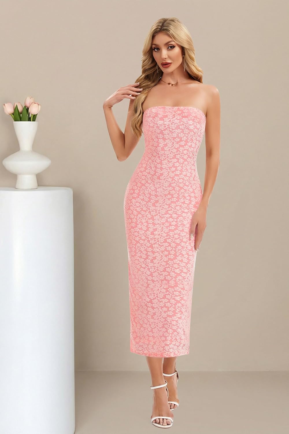 Esooland Women's Jacquard Floral Strapless Bodycon Midi Dress Off Shoulder Tube Beach Wedding Guest Bridal Dresses - Image 4