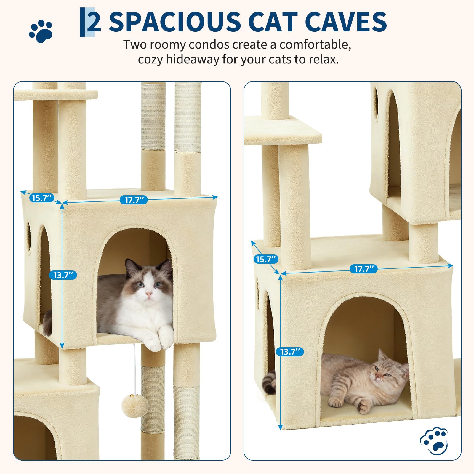 Albero Tiragraffi per Gatti, 72x45x156cm, Torre Multi-livello con Piattaforma Extra-large, Condomini Spaziosi, Pali Robusti in Sisal Naturale, Area Giochi per Maine Coon - Beige