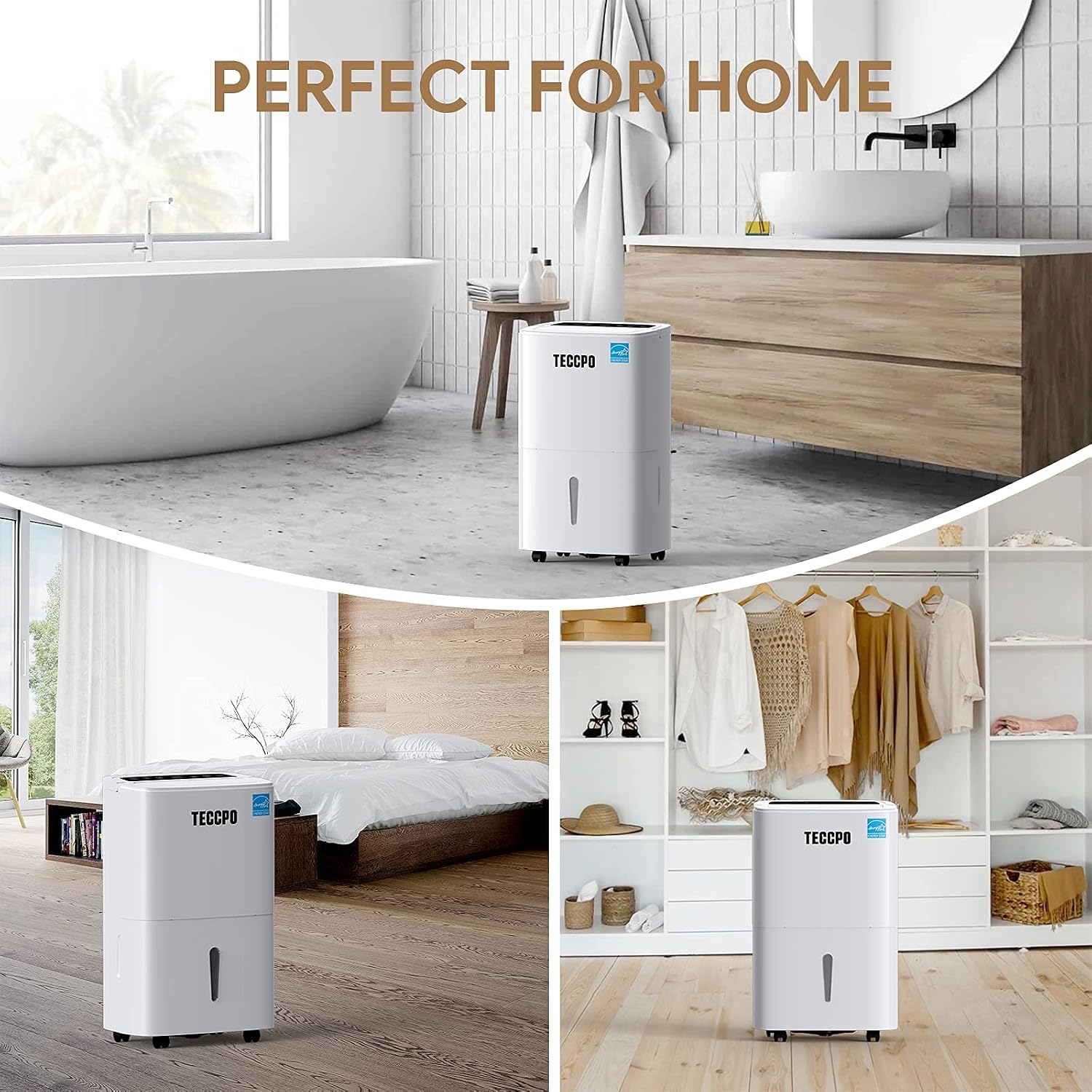 TECCPO Dehumidifier in various room settings