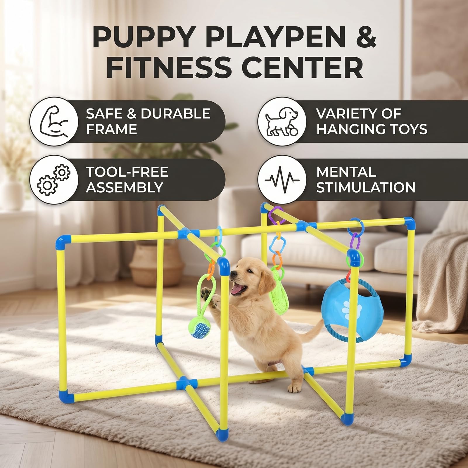 Aktywności Puppy Gym do Treningu w Pomieszczeniu Solidny Plac Zabaw z PVC w Dżungli z Wiszącymi Zabawkami dla Energicznych Zwierząt Żółty Zielony