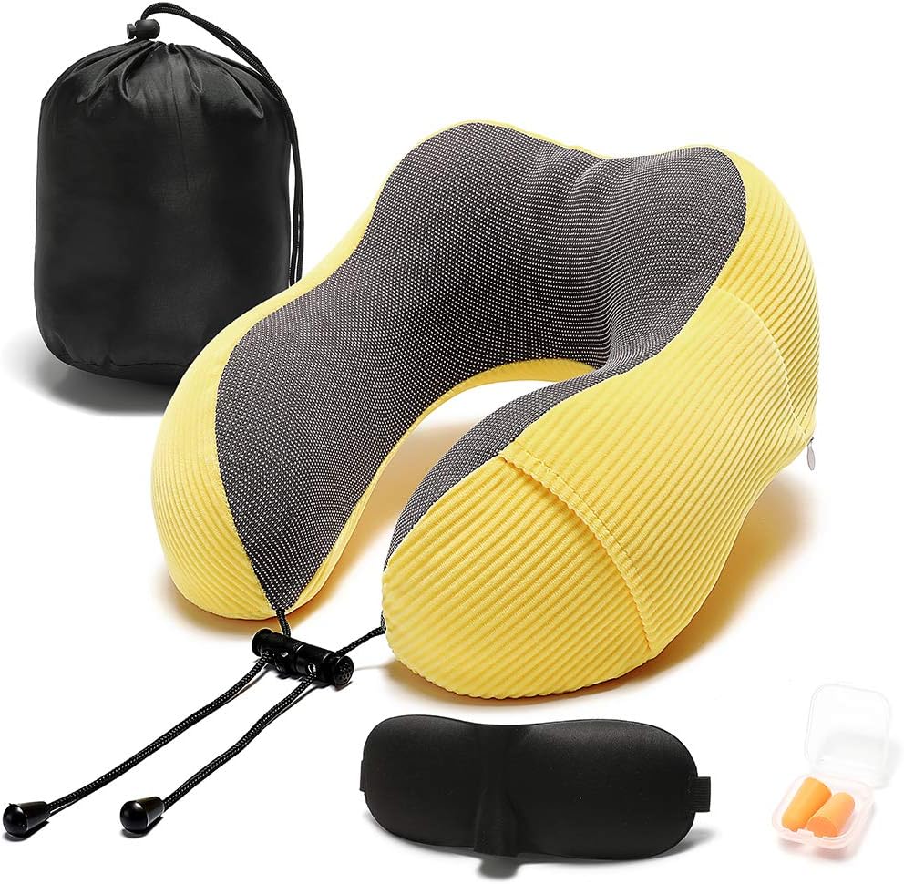 Travel Pillow Memory Foam with 360-Degree Head Support Comfortable Neck Pillow with Storage Bag Lightweight Traveling Pillow for Airplane, Car, Train, Bus and Home Use (Yellow)