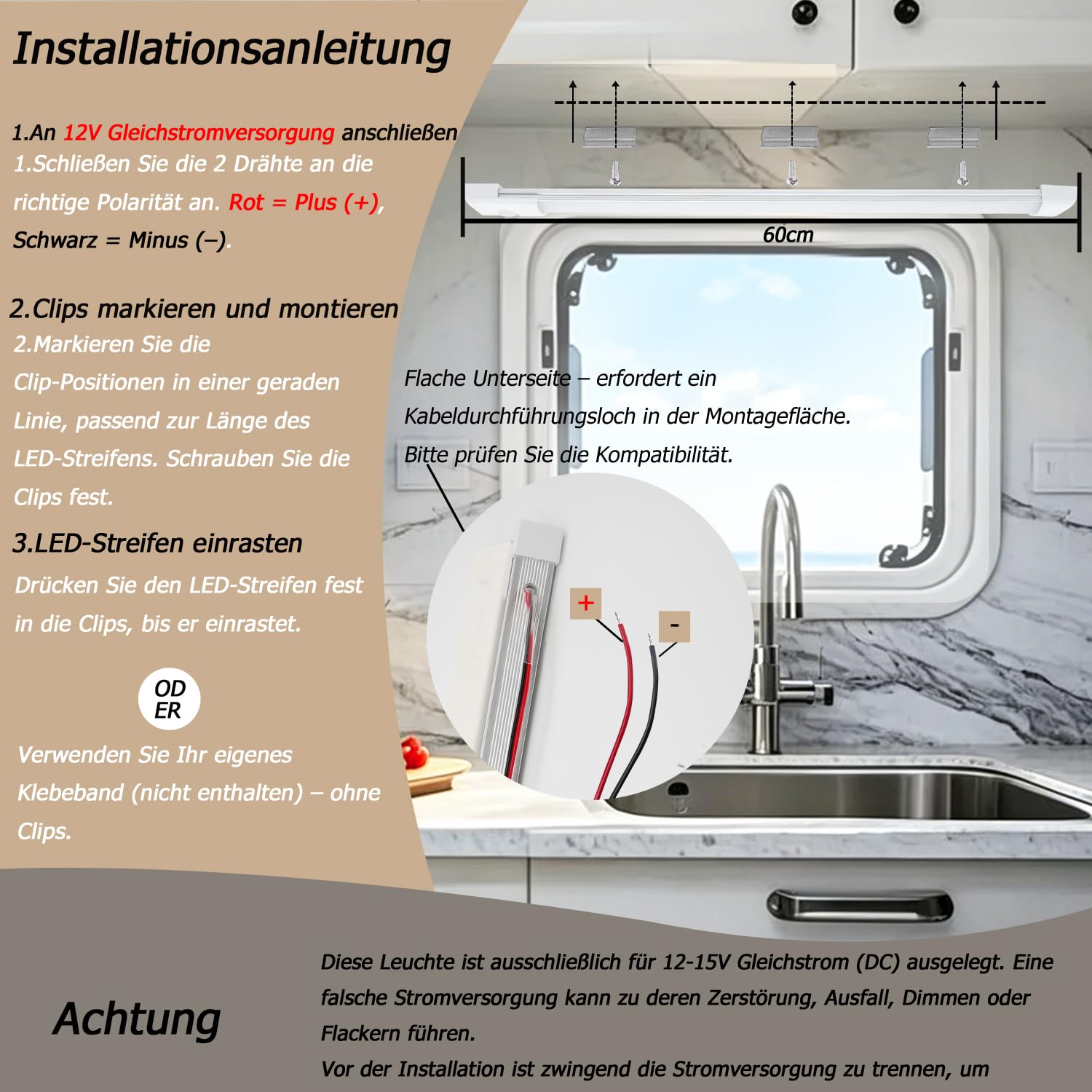 D-lite LED Lichtleiste 12V 60CM für Wohnmobil, 12V Unterbauleuchte Dimmbar, Schlankes Design, Warmweiß 3000K, LED Leiste mit Schalter, Ideal für Wohnwagen, Küche, Camper, Van und Boot