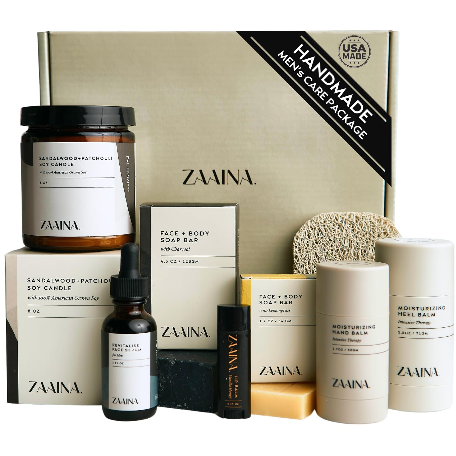 ZAAINA Men’s Self Care Kit – Luxury Spa Gift Set for Men with Face Serum, Soaps, Heel Balm & Lip Balm – Grooming Care Package for Men – Birthday & Relaxation Kit (Premium Set with Sandalwood Candle)