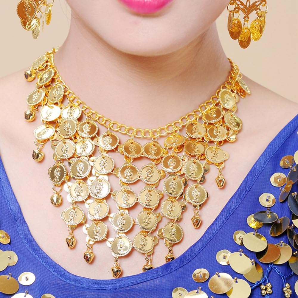 3 pcs Belly Dance Hip Scarf for Women Belly Dance Gold Sequins Head Chain Coins Necklace Earrings Classic Dance Accessories - Image 4