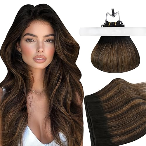 Miniatura 1 de Ugeat Extensiones de cabello humano de trama de 20 pulgadas, para coser, color marrón oscuro, mezcla de castaño medio, balayage, para mujer, lacio y