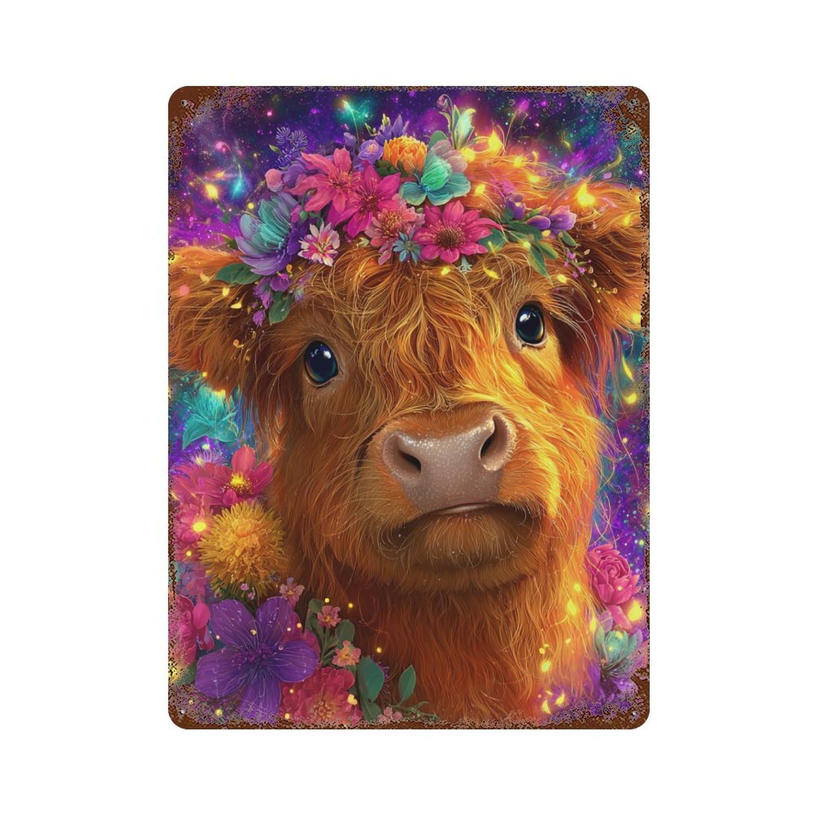 Colorful Cow with Flowers Rusty Metal Tin Sign 15.7"x11.8", Vintage Wall Decor for Garage, Pub Or Kitchen