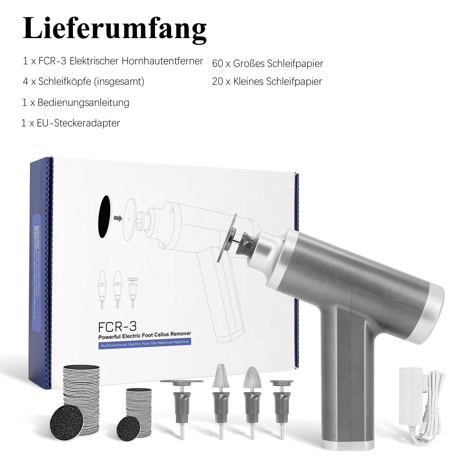 Professioneller Hornhautentferner Elektrisch 4500rpm, Superschneller Elektrischer Hornhautentferner Fußfeile Hornhaut Entferner Pediküre Hornhauthobel mit 4 Austauschbare Köpfe (Grau)