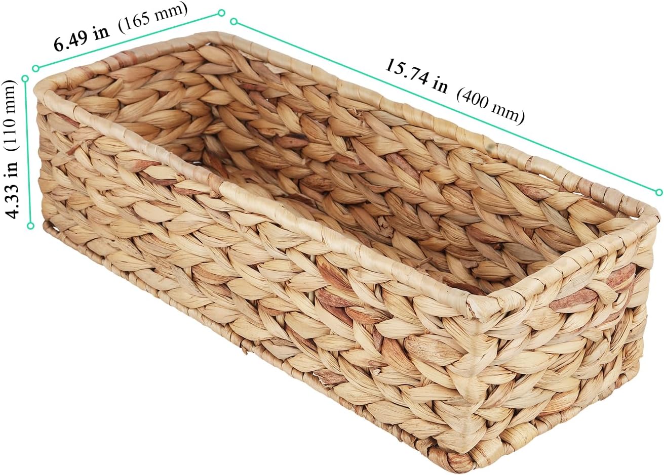 3 Pack Water Hyacinth Storage Baskets, 15.6 x 6.5 x 4.4 Inch Natural Woven Design Wicker Baskets for Toilet, Office, Tabletop Storage