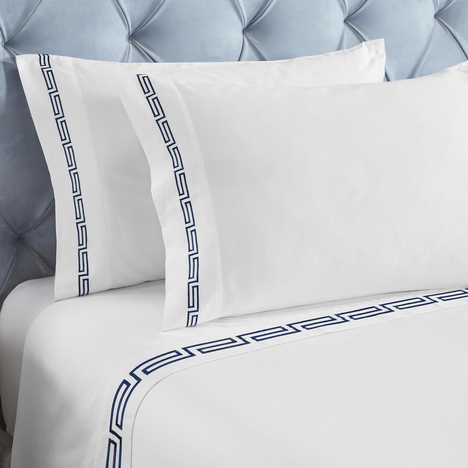 Superior Embroidered Cotton Bed Sheet Set, 1 Elastic Deep Pocket Fitted Sheet, 1 Flat Sheet, 1 Pillowcase, Daily Soft Sheets, Luxury, Greek Key Design, Harrison Collection, Twin Size, White/Navy Blue
