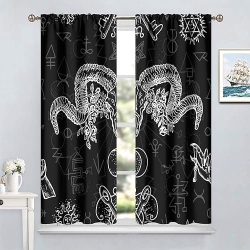 Vista 45 de Cortinas de cabeza de cabra, misteriosa cabeza de cabra malvada, calavera negra, bolsillo para barra, cortinas opacas para ventana, juego de 2