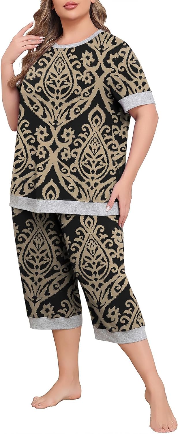 Lastshe Women Plus Size Pajama Set 2 Piece Short Sleeve Capri Pants Knit Sleepwear Lounge Set Ladies Pjs Soft with Pockets - Image 3