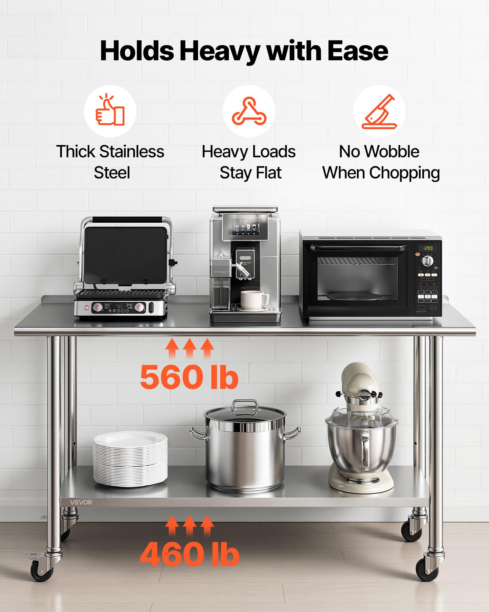 VEVOR Edelstahltisch Gastro 1524 x 610 x 894 mm, Verstellbarer Edelstahltisch mit Rollen, Aufkantung (30 mm), Arbeitstisch mit Grundboden für Restaurant Obere Ablage (254 kg) Untere Ablage (209 kg)