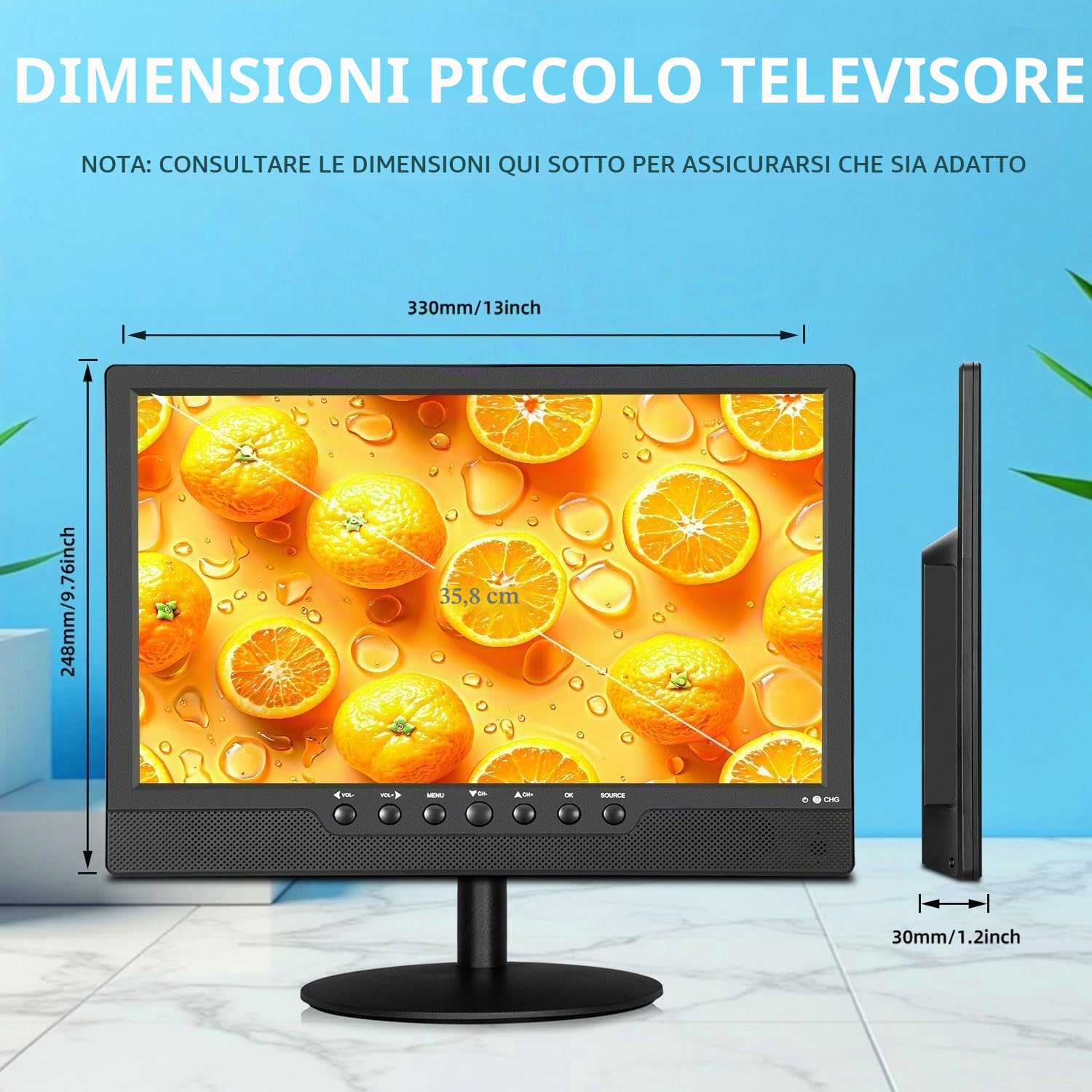 KCR TV portatile 14,0 pollici digitale DVB-T2, Freeview, batteria ricaricabile, porta USB, presa per cuffie, telecomando, ingresso AV, ingresso HDMI, HEVC Main 10