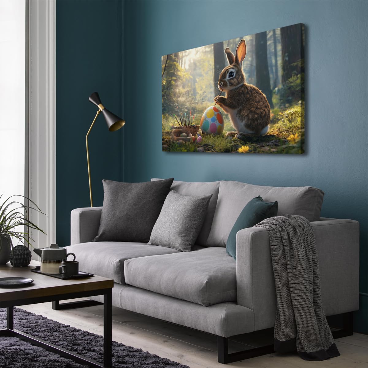 YUNART Wiosenny las obraz na płótnie, sztuka ścienna, malarstwo zajączków, jajka wielkanocne, przestrzeń plakatowa, estetyczna dekoracja, dekoracja ścienna do salonu, 70 x 100 cm, rama wewnętrzna