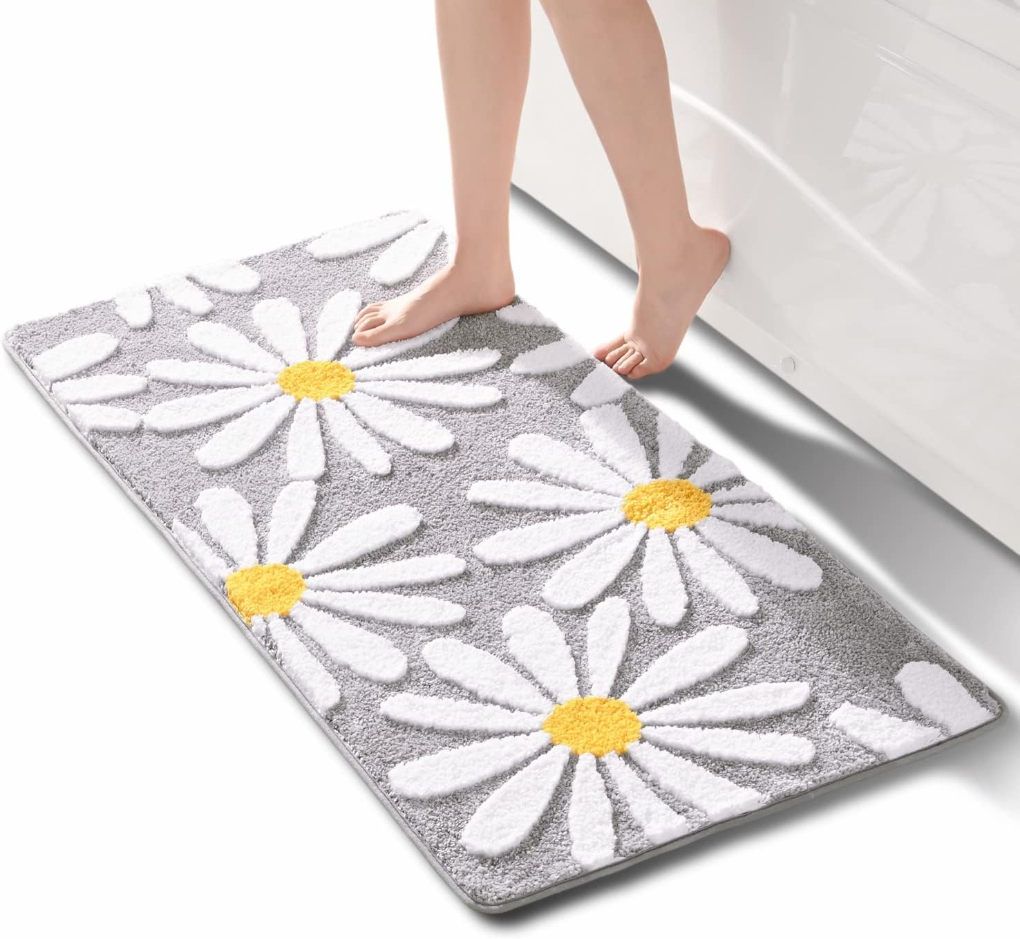 QJHOMO Gray Bathroom Rugs Cute Daisy Bath Mat White and Yellow Flower Decor Rug Non Slip Floor Carpet Microfiber Bathmat Super Absorbent Machine Washable Bathtub Mats for Shower (24x48 inch)